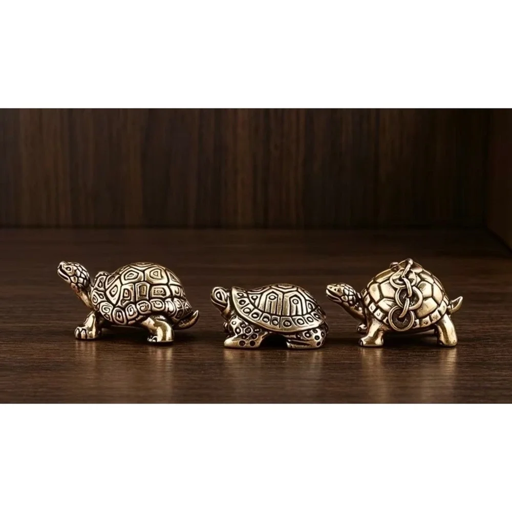 3pc Miniature Brass Turtle Figures Gold Metal New